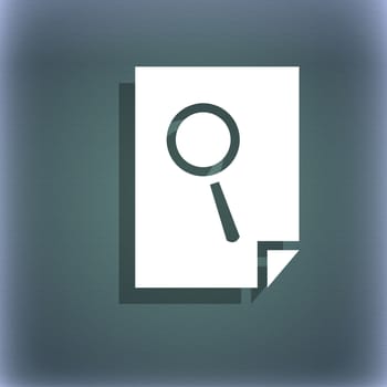 Search in file sign icon. Find in document symbol. On the blue-green abstract background with shadow and space for your text. illustration