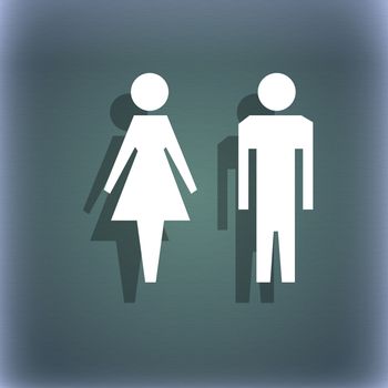 WC sign icon. Toilet symbol. Male and Female toilet. On the blue-green abstract background with shadow and space for your text. illustration