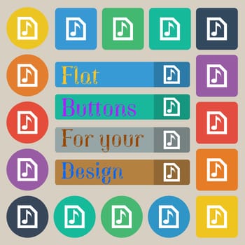 Audio, MP3 file icon sign. Set of twenty colored flat, round, square and rectangular buttons. illustration