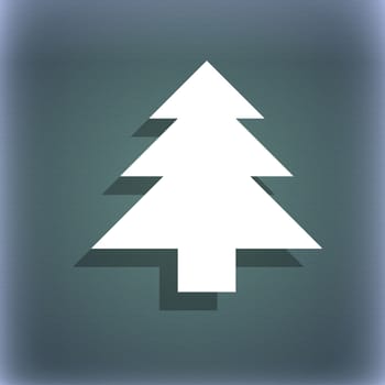 Christmas tree icon symbol on the blue-green abstract background with shadow and space for your text. illustration