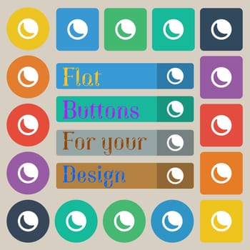 moon icon sign. Set of twenty colored flat, round, square and rectangular buttons. illustration