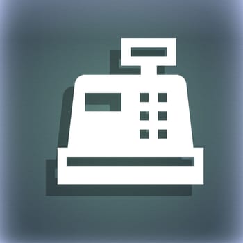 Cash register icon symbol on the blue-green abstract background with shadow and space for your text. illustration