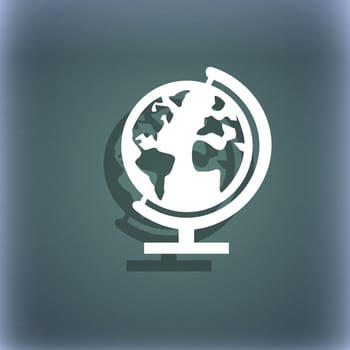 Globe sign icon. World map geography symbol. Globes on stand for studying. On the blue-green abstract background with shadow and space for your text. illustration