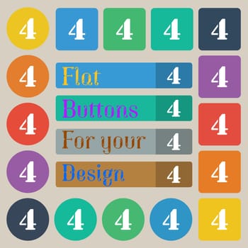 number four icon sign. Set of twenty colored flat, round, square and rectangular buttons. illustration