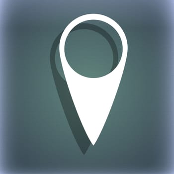 Map pointer icon. GPS location symbol. On the blue-green abstract background with shadow and space for your text. illustration