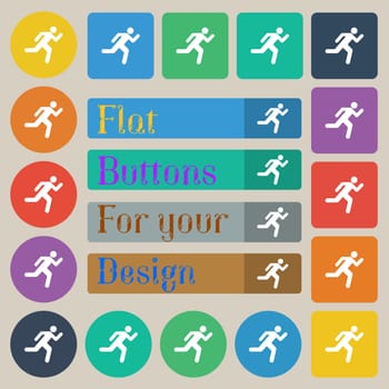 running man icon sign. Set of twenty colored flat, round, square and rectangular buttons. illustration