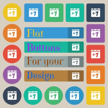 Plus one, Add one icon sign. Set of twenty colored flat, round, square and rectangular buttons. illustration
