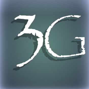 3G sign icon. Mobile telecommunications technology symbol. On the blue-green abstract background with shadow and space for your text. illustration