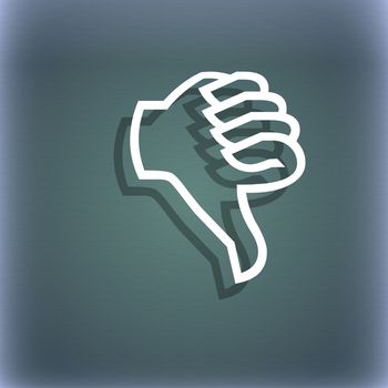 Dislike sign icon. Thumb down sign. Hand finger down symbol. On the blue-green abstract background with shadow and space for your text. illustration