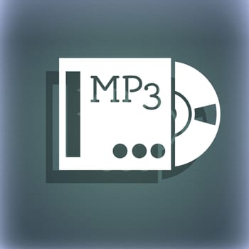 Audio, MP3 file icon sign. On the blue-green abstract background with shadow and space for your text. illustration