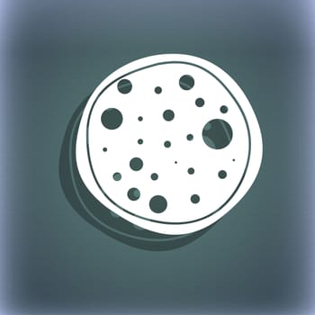 Pizza Icon. On the blue-green abstract background with shadow and space for your text. illustration