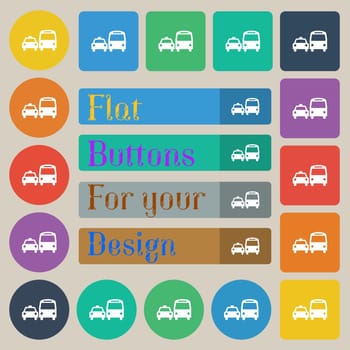 taxi icon sign. Set of twenty colored flat, round, square and rectangular buttons. illustration