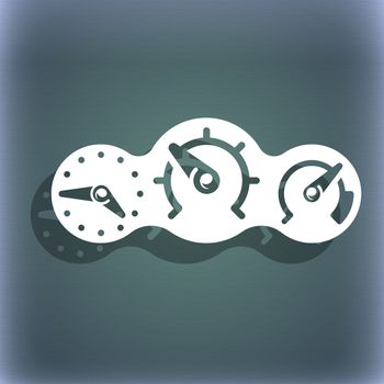 speed, speedometer icon symbol on the blue-green abstract background with shadow and space for your text. illustration