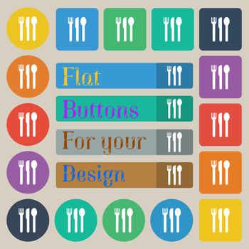 fork, knife, spoon icon sign. Set of twenty colored flat, round, square and rectangular buttons. illustration