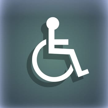 Disabled sign icon. Human on wheelchair symbol. Handicapped invalid sign. On the blue-green abstract background with shadow and space for your text. illustration