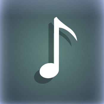Music note icon sign. On the blue-green abstract background with shadow and space for your text. illustration