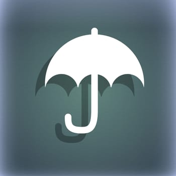 Umbrella icon symbol on the blue-green abstract background with shadow and space for your text. illustration