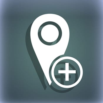 Map pointer icon sign. On the blue-green abstract background with shadow and space for your text. illustration