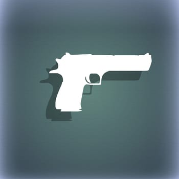 gun icon symbol on the blue-green abstract background with shadow and space for your text. illustration