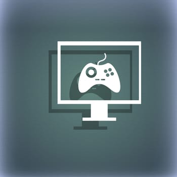 Joystick and monitor sign icon. Video game symbol. On the blue-green abstract background with shadow and space for your text. illustration