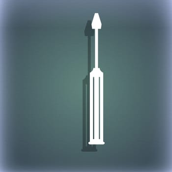 Screwdriver tool sign icon. Fix it symbol. Repair sig. On the blue-green abstract background with shadow and space for your text. illustration