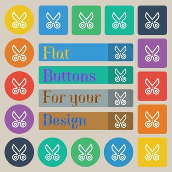 scissors icon sign. Set of twenty colored flat, round, square and rectangular buttons. illustration