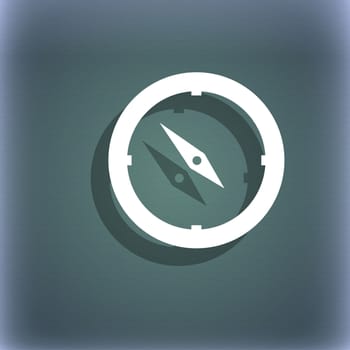 Compass sign icon. Windrose navigation symbol. On the blue-green abstract background with shadow and space for your text. illustration