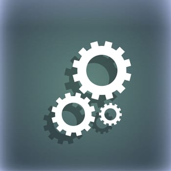 Cog settings sign icon. Cogwheel gear mechanism symbol. On the blue-green abstract background with shadow and space for your text. illustration