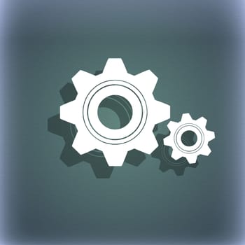 Cog settings sign icon. Cogwheel gear mechanism symbol. On the blue-green abstract background with shadow and space for your text. illustration