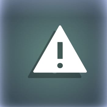 Attention sign icon. Exclamation mark. Hazard warning symbol. On the blue-green abstract background with shadow and space for your text. illustration