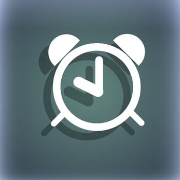 Alarm clock sign icon. Wake up alarm symbol. On the blue-green abstract background with shadow and space for your text. illustration