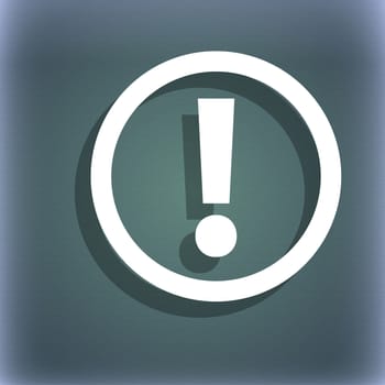 Attention sign icon. Exclamation mark. Hazard warning symbol. On the blue-green abstract background with shadow and space for your text. illustration