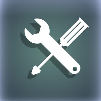 Repair tool sign icon. Service symbol. screwdriver with wrench. On the blue-green abstract background with shadow and space for your text. illustration