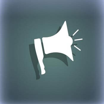 Megaphone soon icon. Loudspeaker symbol. On the blue-green abstract background with shadow and space for your text. illustration