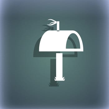 Mailbox icon sign. On the blue-green abstract background with shadow and space for your text. illustration