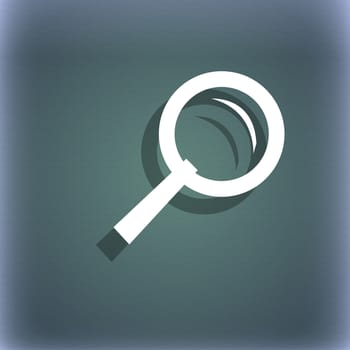 Magnifier glass sign icon. Zoom tool button. Navigation search symbol. On the blue-green abstract background with shadow and space for your text. illustration