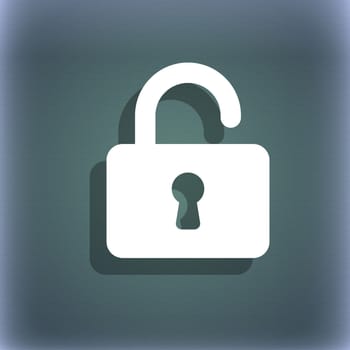 Open Padlock icon symbol on the blue-green abstract background with shadow and space for your text. illustration