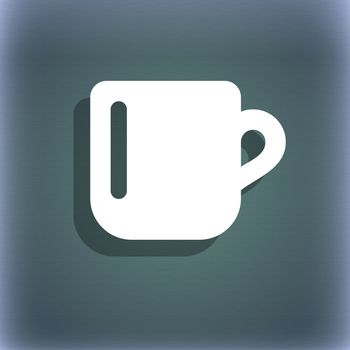 cup coffee or tea icon symbol on the blue-green abstract background with shadow and space for your text. illustration