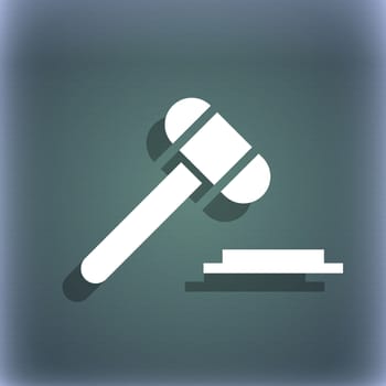 judge hammer icon. On the blue-green abstract background with shadow and space for your text. illustration