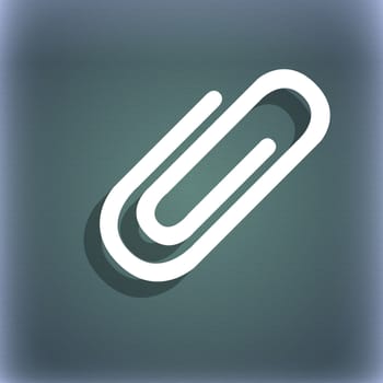 Paper clip sign icon. Clip symbol. On the blue-green abstract background with shadow and space for your text. illustration