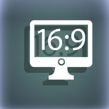 Aspect ratio 16:9 widescreen tv icon sign. On the blue-green abstract background with shadow and space for your text. illustration