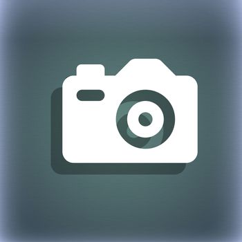 Photo Camera icon symbol on the blue-green abstract background with shadow and space for your text. illustration