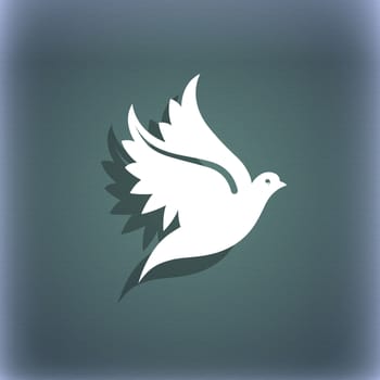 Dove icon symbol on the blue-green abstract background with shadow and space for your text. illustration