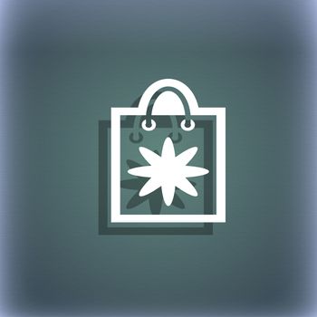 shopping bag icon symbol on the blue-green abstract background with shadow and space for your text. illustration