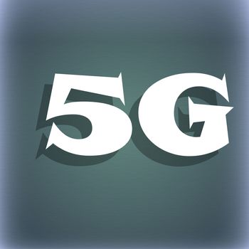 5G sign icon. Mobile telecommunications technology symbol. On the blue-green abstract background with shadow and space for your text. illustration