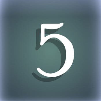 number five icon sign. On the blue-green abstract background with shadow and space for your text. illustration