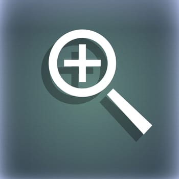 Magnifier glass, Zoom tool icon sign. On the blue-green abstract background with shadow and space for your text. illustration
