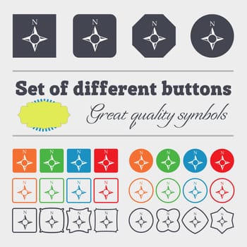 Compass sign icon. Windrose navigation symbol. Big set of colorful, diverse, high-quality buttons. illustration