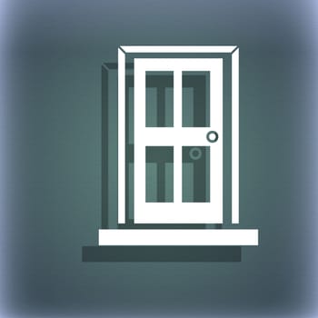 Door, Enter or exit icon sign. On the blue-green abstract background with shadow and space for your text. illustration