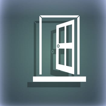 Door, Enter or exit icon sign. On the blue-green abstract background with shadow and space for your text. illustration